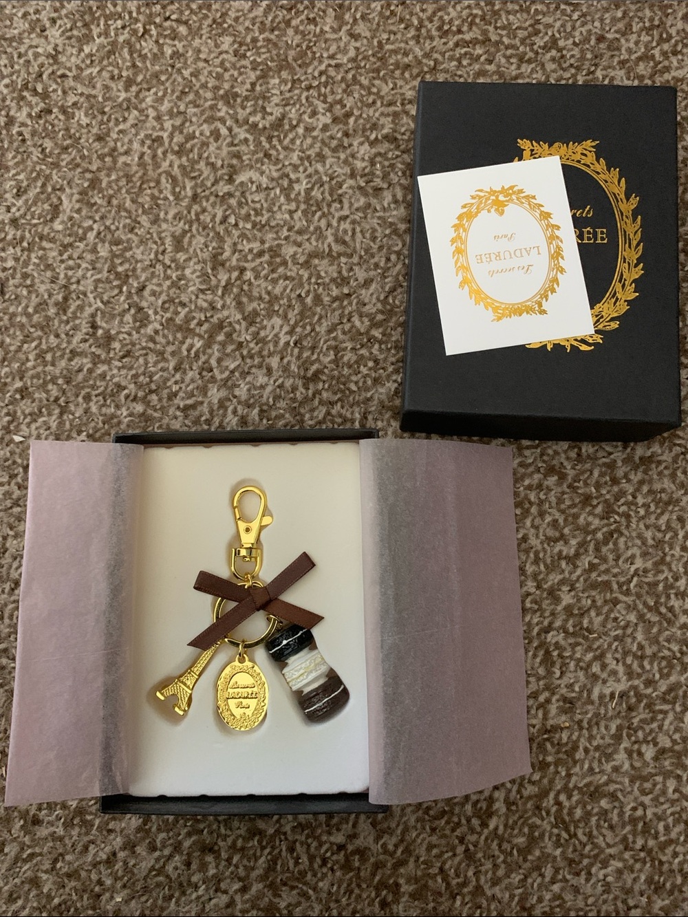 NEW! FASHION JEWELRY Brown & Gold Bag Charm - Eiffel Tower & Macaron Accent
